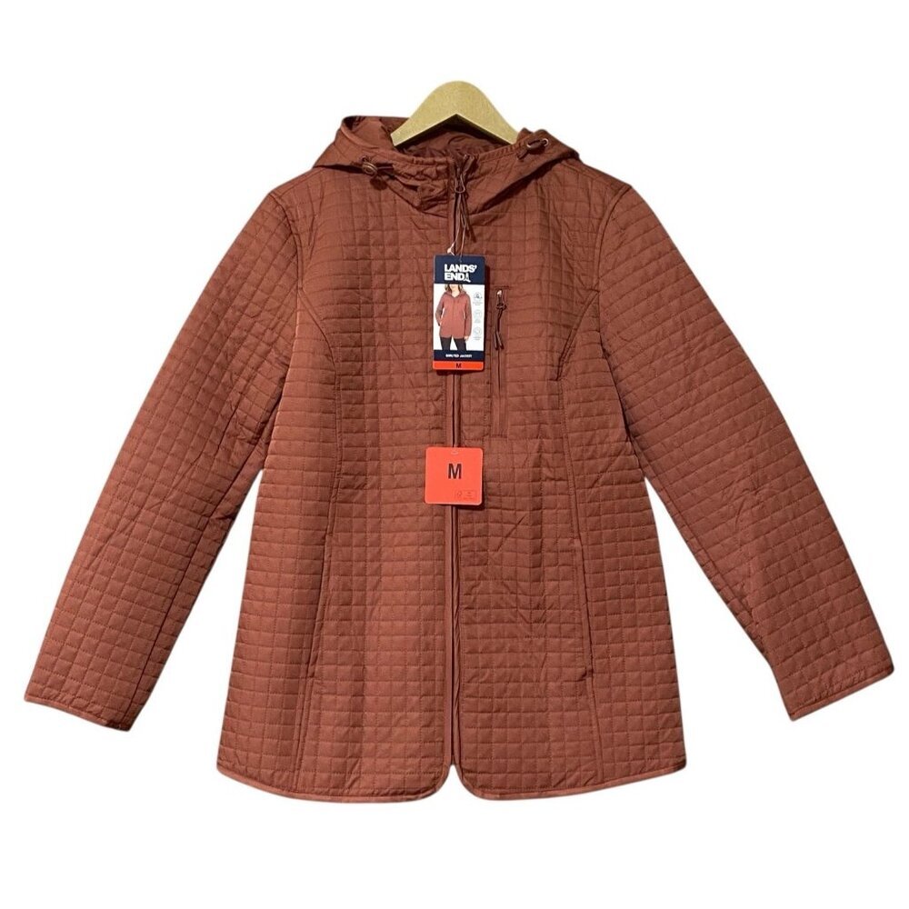 Lands' End Women's M Brick Red Quilted Hooded Insulated Jacket Zip Pockets NWT